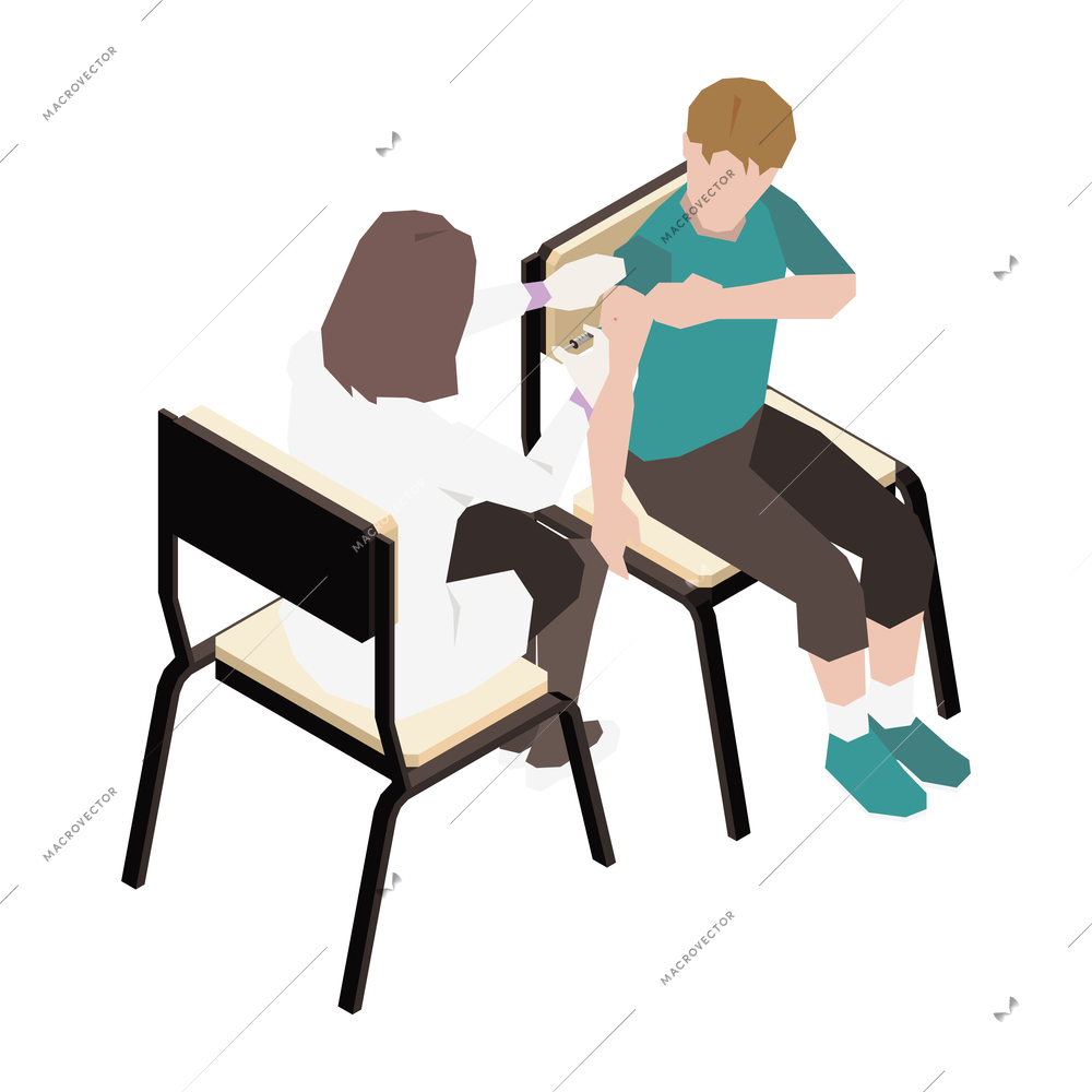 Vaccination isometric composition with characters of doctor giving jab to sitting teenage boy vector illustration