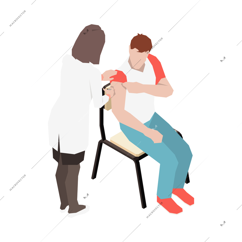 Vaccination isometric composition with characters of doctor giving jab to adult man on chair vector illustration