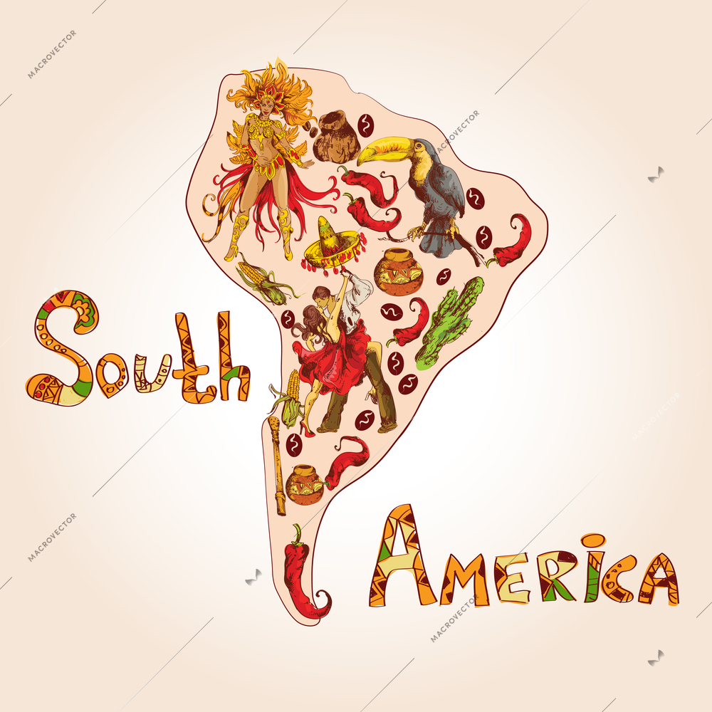 South america colored sketch concept with continent shape and travel symbols vector illustration.