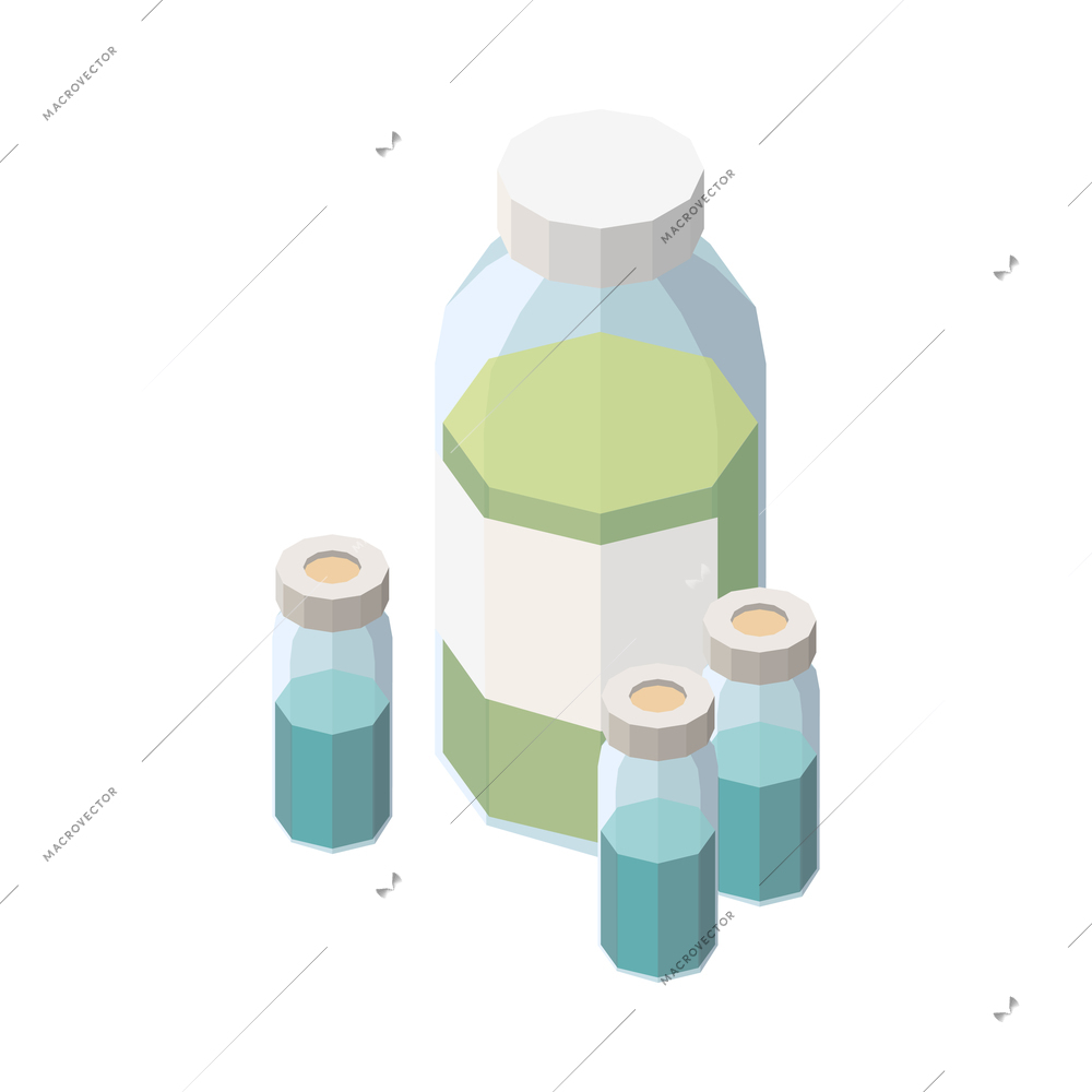 Vaccination isometric composition with isolated image of vaccine bottles with liquid on blank background vector illustration