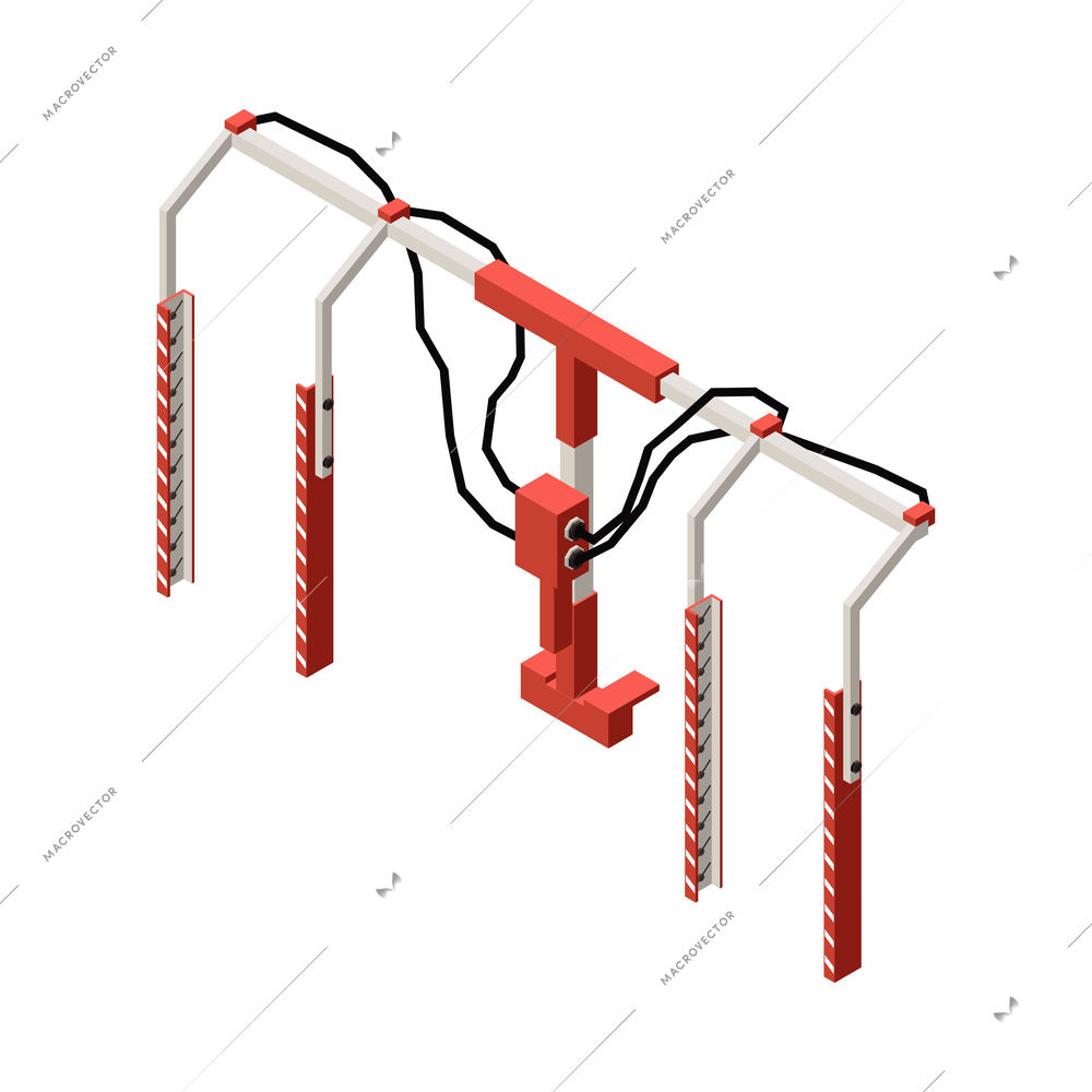 Orchard machinery isometric composition with isolated image of electric soil spraying appliance on frame body vector illustration