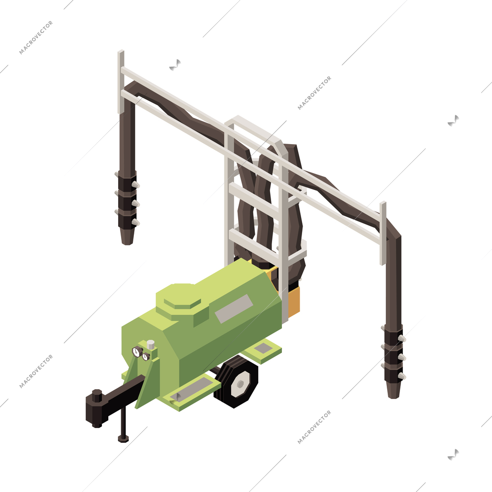Orchard machinery isometric composition with isolated image of wheeled apparatus for soil plowing on blank background vector illustration