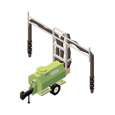 Orchard machinery isometric composition with isolated image of wheeled apparatus for soil plowing on blank background vector illustration