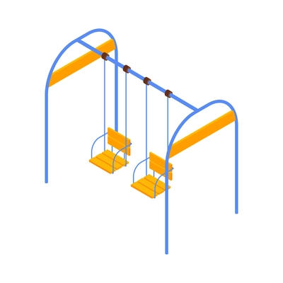 Isometric kids playground composition with isolated image of two swings hanging on stand on blank background vector illustration