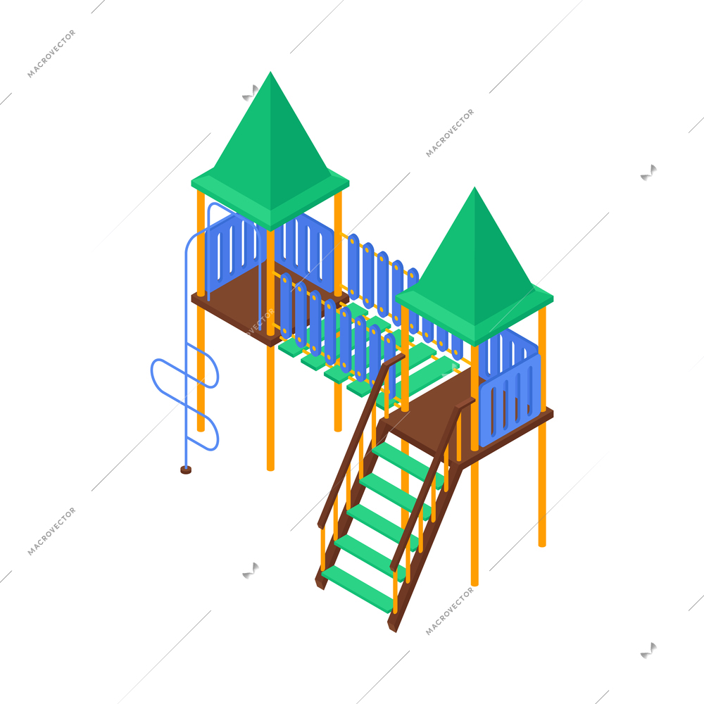 Isometric kids playground composition with isolated image of tower building with footbridge on blank background vector illustration