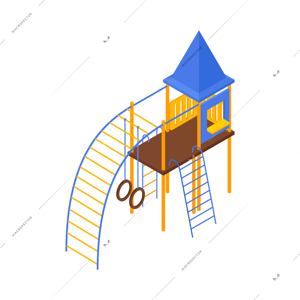 Isometric kids playground composition with isolated image of tower and mutiple ladders on blank background vector illustration