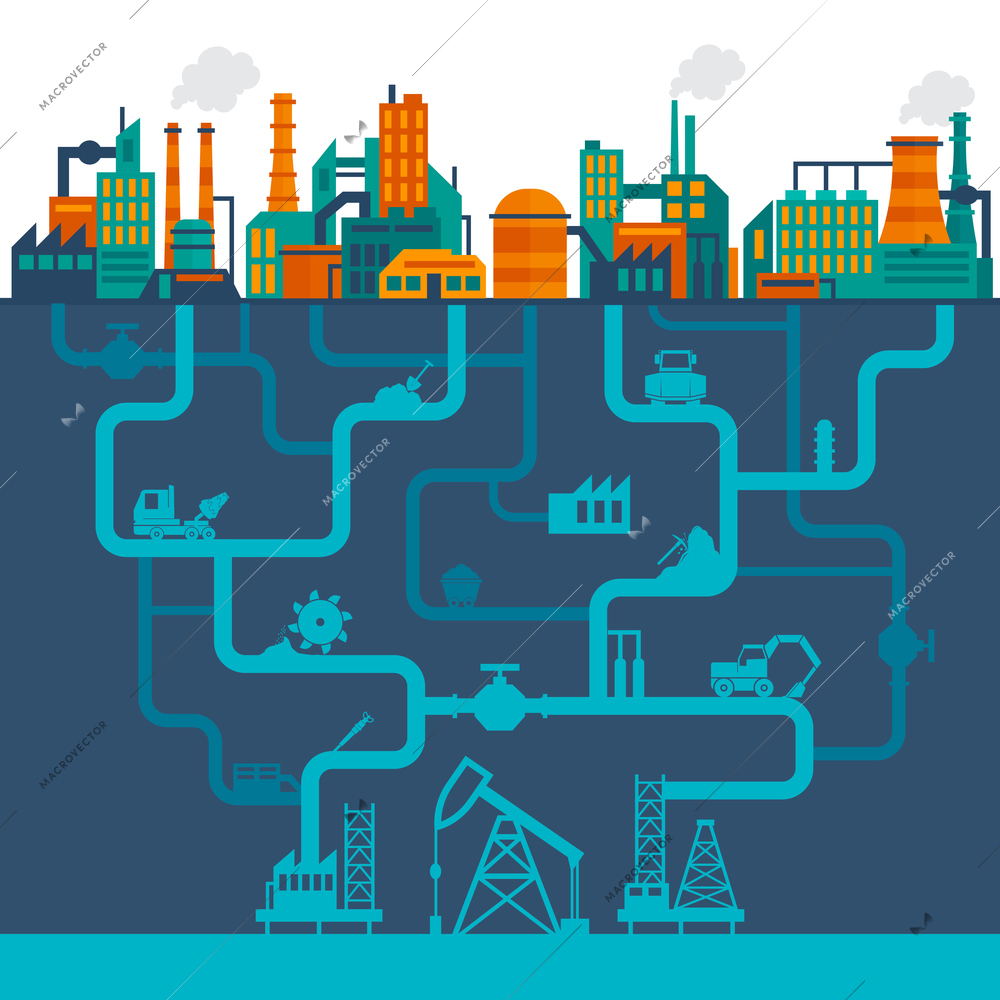 Factory flat industry background with manufactory technology buildings and underground drilling pipes vector illustration