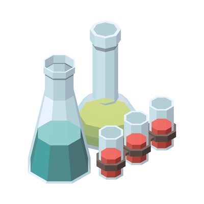 Vaccination isometric composition with isolated images of test tubes jars and vials on blank background vector illustration