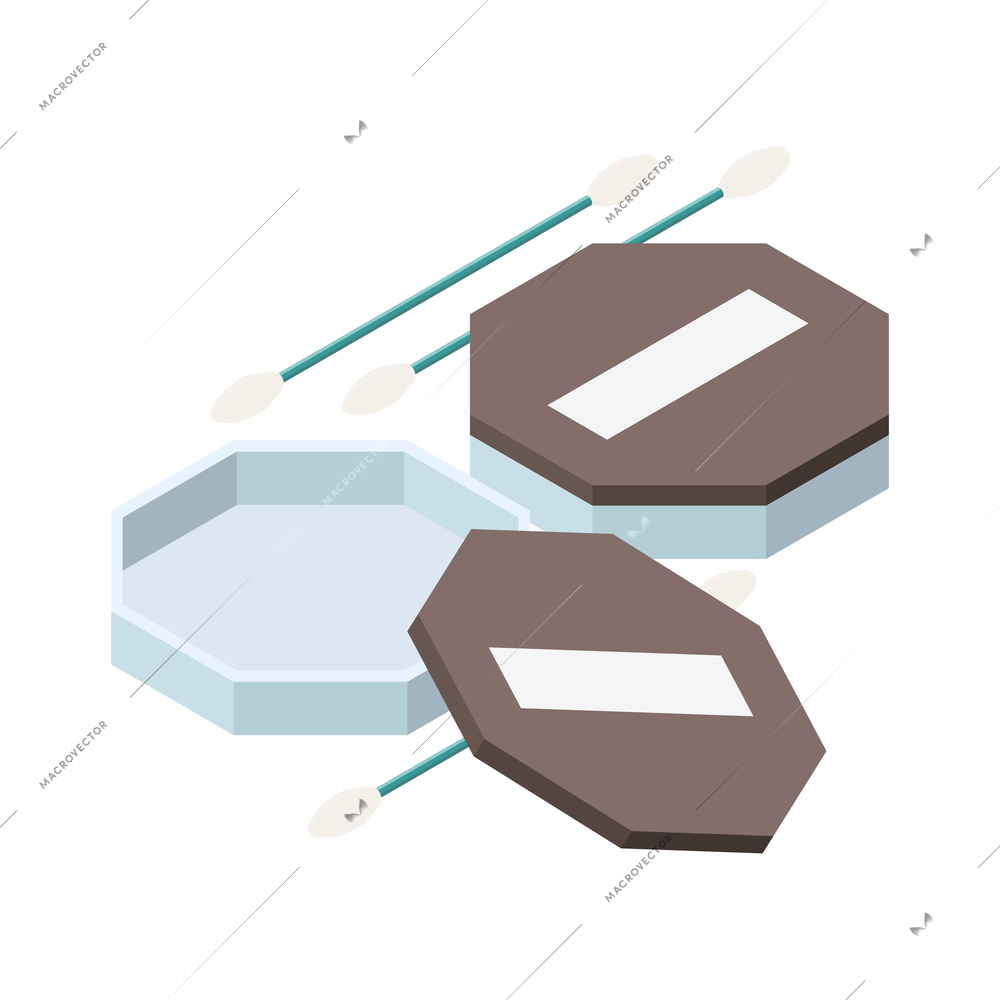 Vaccination isometric composition with isolated image of open box and cotton swabs on blank background vector illustration