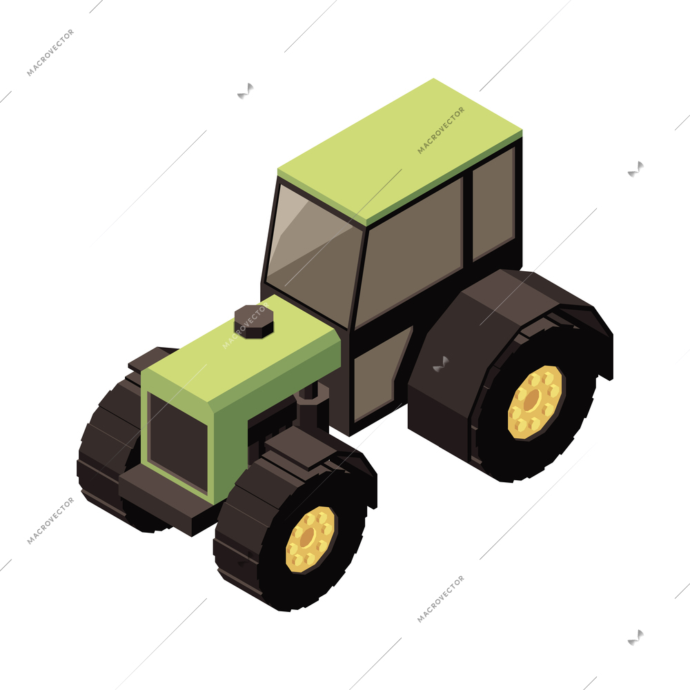 Orchard machinery isometric composition with isolated image of agrimotor tractor on blank background vector illustration