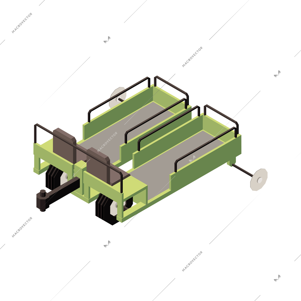 Orchard machinery isometric composition with isolated image of wheeled drawbar trailer with seats on blank background vector illustration