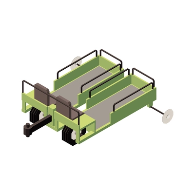 Orchard machinery isometric composition with isolated image of wheeled drawbar trailer with seats on blank background vector illustration