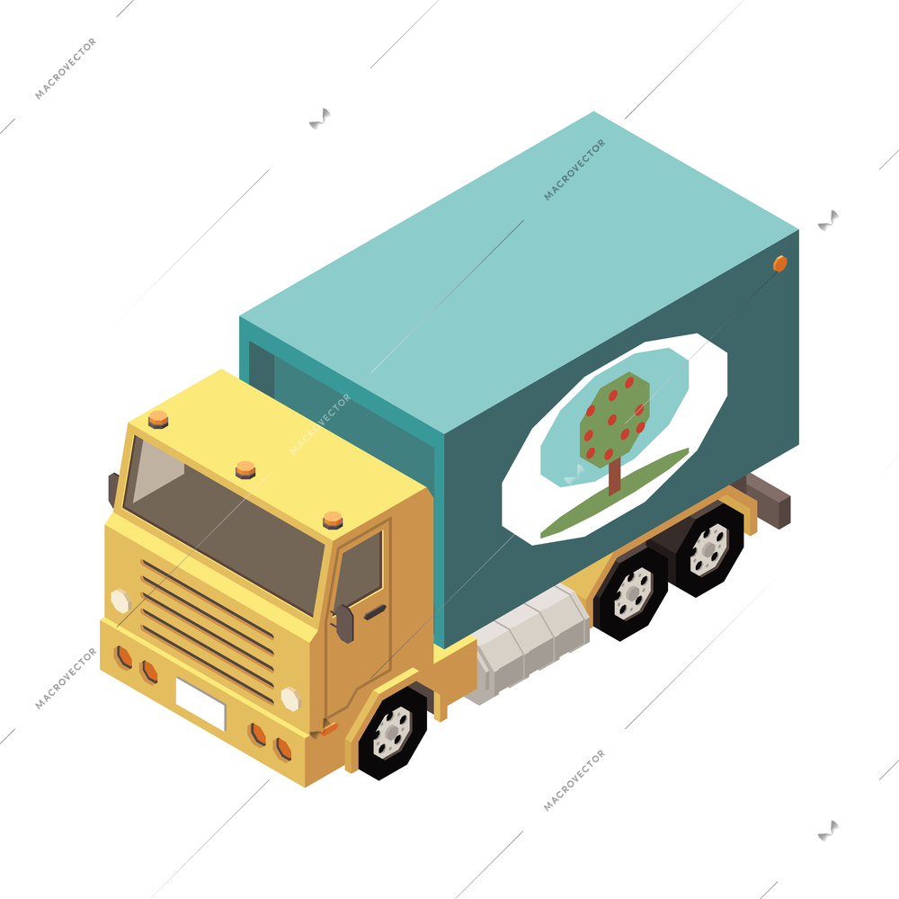 Orchard machinery isometric composition with isolated image of truck with apple tree emblem on blank background vector illustration