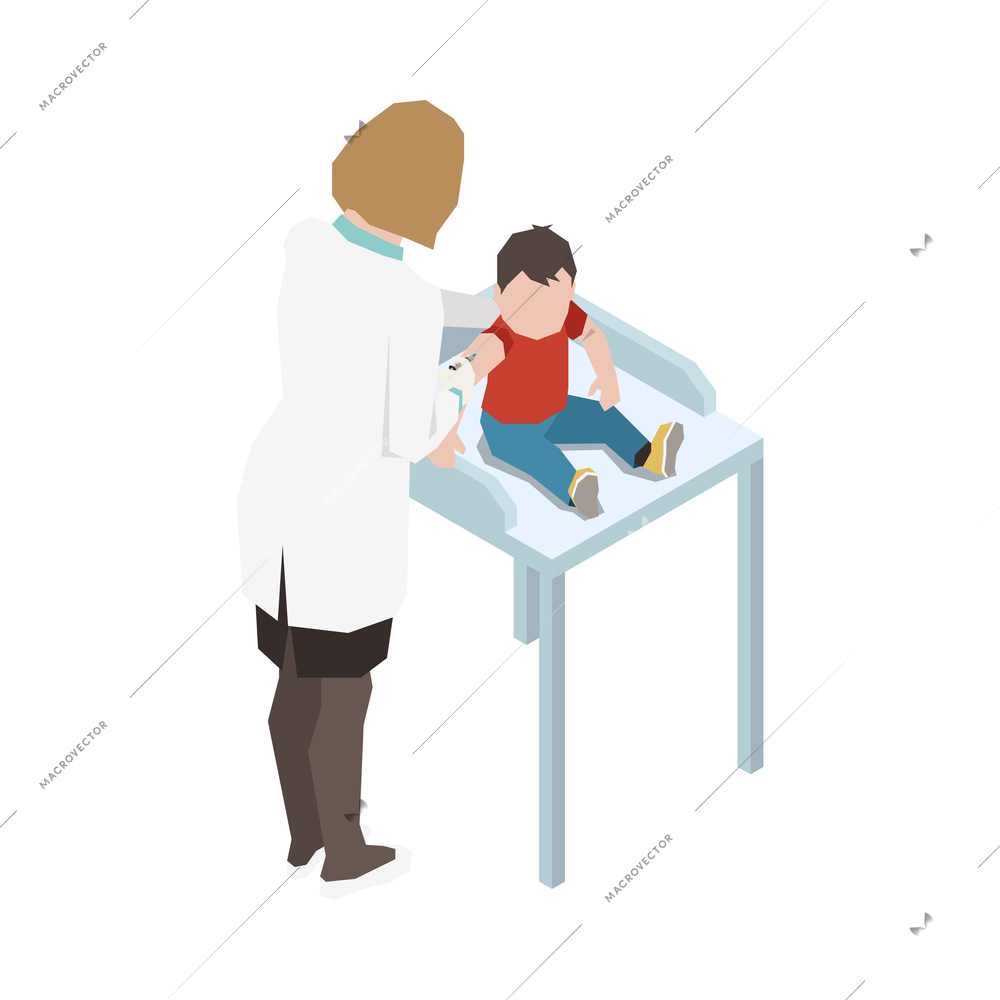 Vaccination isometric composition with characters of doctor giving jab to baby infant on table vector illustration