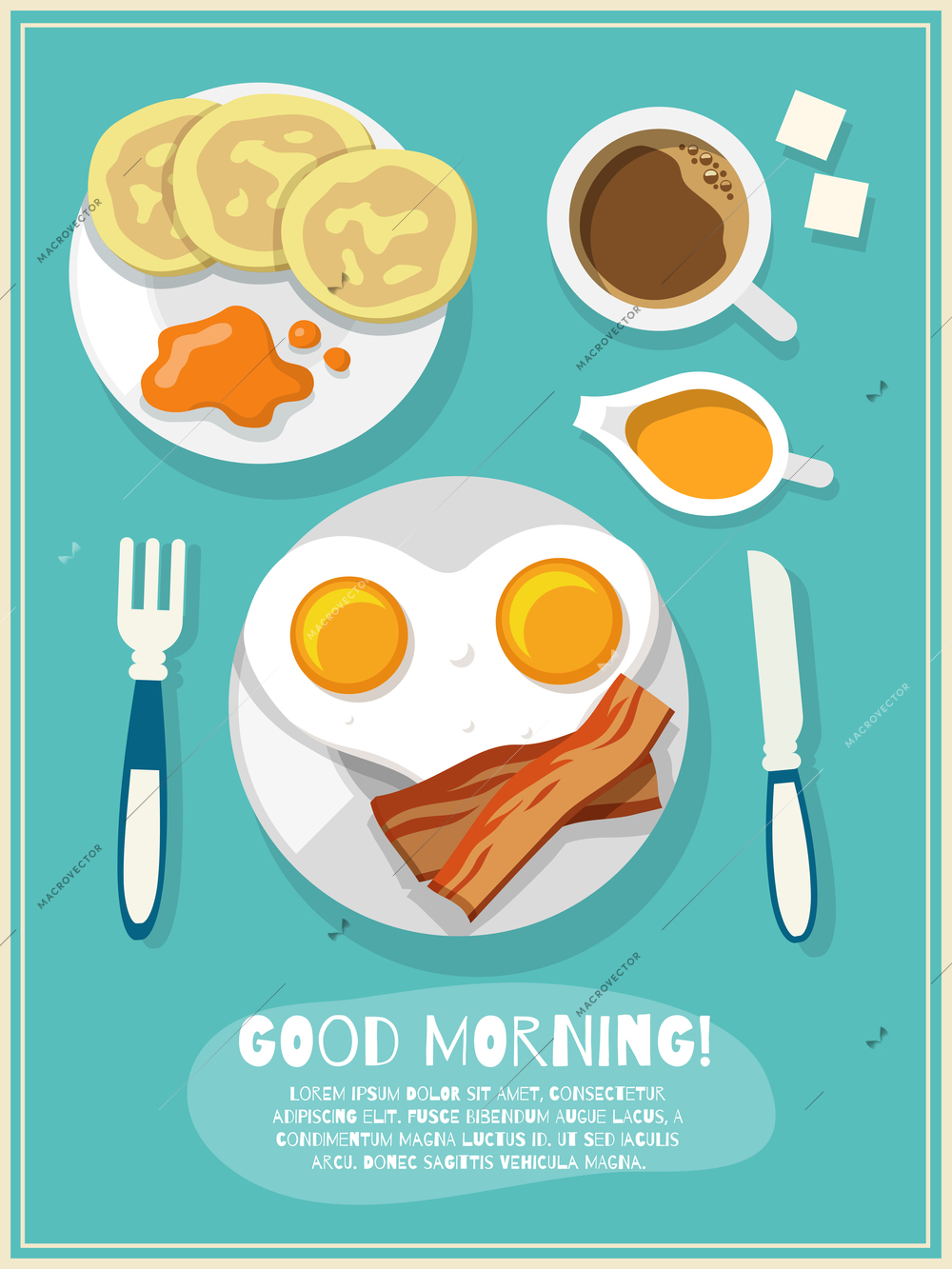 Breakfast poster with fried eggs bacon coffee icons and good morning text vector illustration