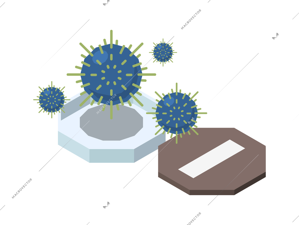 Vaccination isometric composition with images of open box and blue virus bacteria on blank background vector illustration