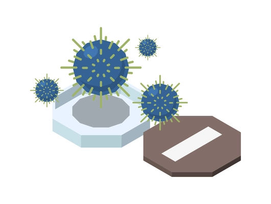 Vaccination isometric composition with images of open box and blue virus bacteria on blank background vector illustration