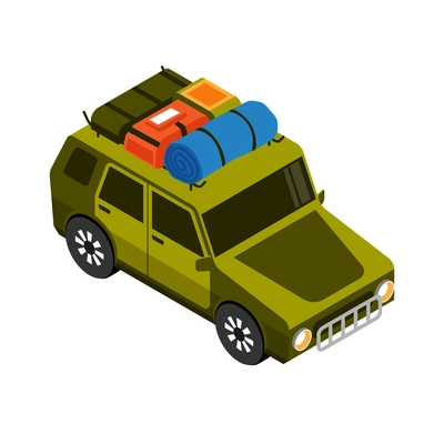 Isometric camping hiking active lifestyle vacation isometric composition with isolated image of car with travel equipment vector illustration