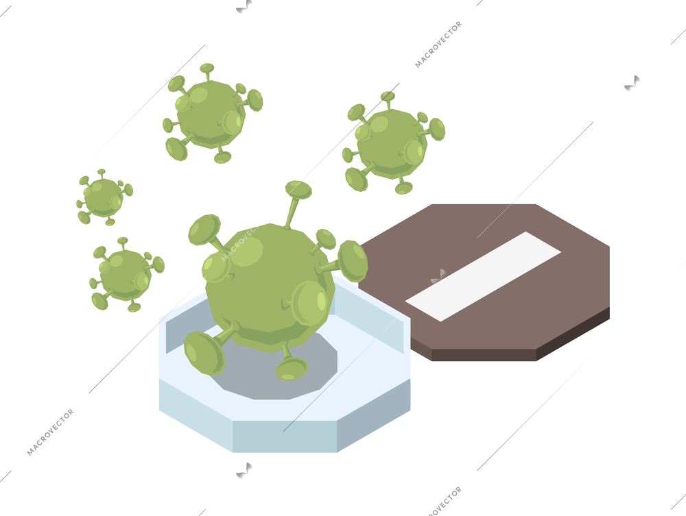 Vaccination isometric composition with images of open box and green virus bacteria on blank background vector illustration