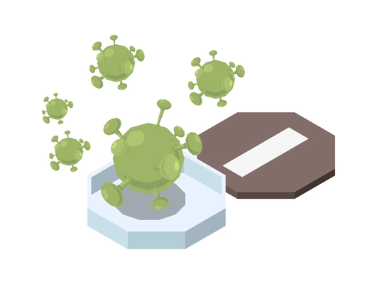 Vaccination isometric composition with images of open box and green virus bacteria on blank background vector illustration