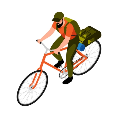 Isometric camping hiking active lifestyle vacation isometric composition with man riding travel bicycle vector illustration