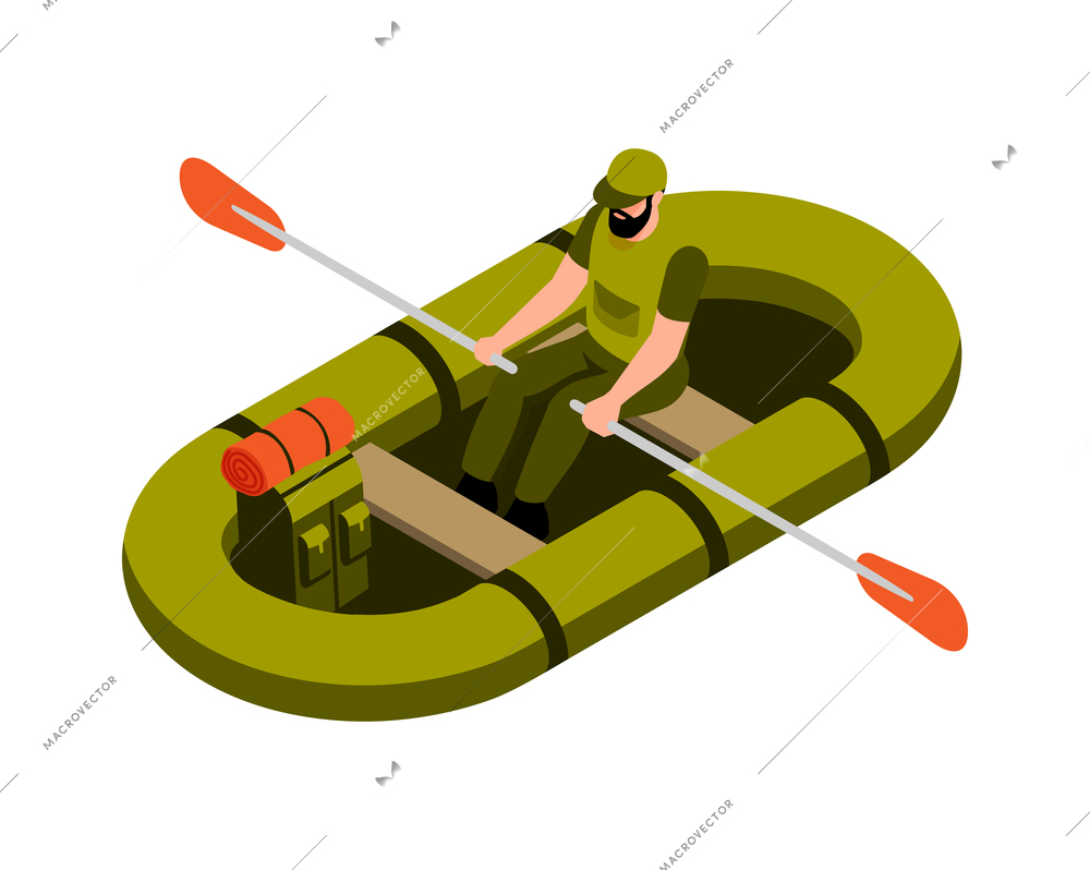 Isometric camping hiking active lifestyle vacation isometric composition with man on rubber boat vector illustration