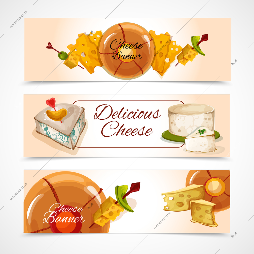 Natural delicious cheese food assortment colored decorative horizontal banners set isolated vector illustration