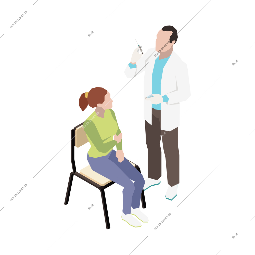 Vaccination isometric composition with characters of sitting patient and doctor preparing to give jab vector illustration