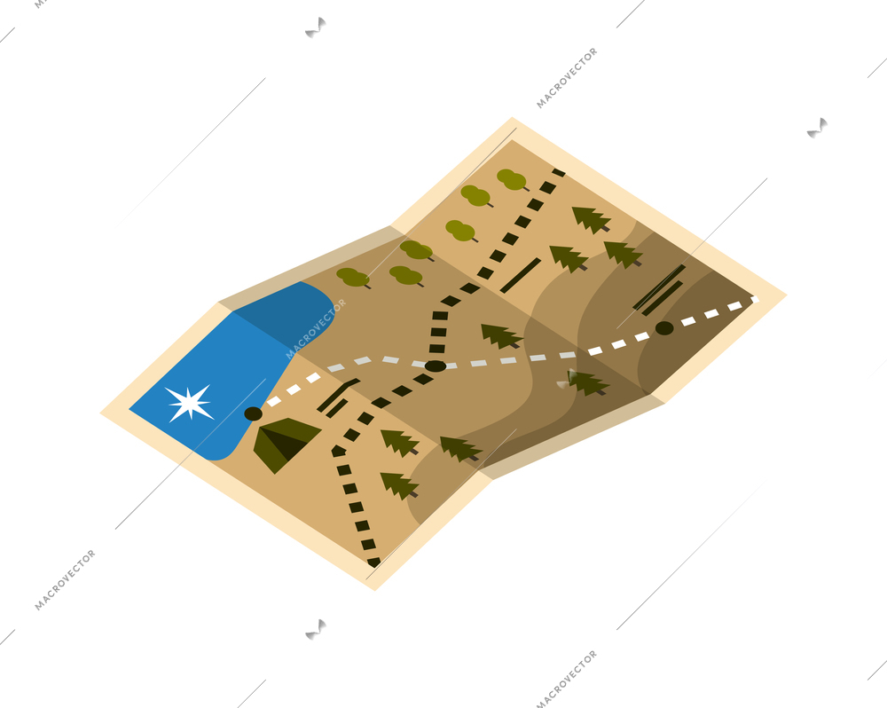 Isometric camping hiking active lifestyle vacation isometric composition with isolated image of paper map vector illustration