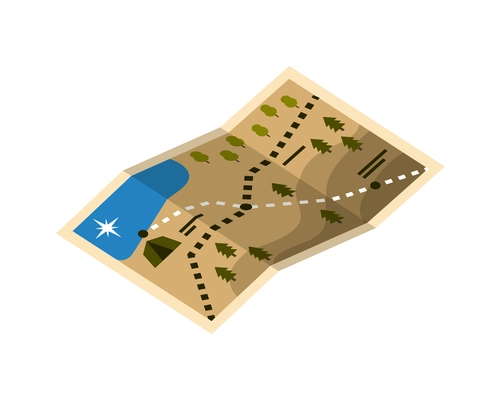 Isometric camping hiking active lifestyle vacation isometric composition with isolated image of paper map vector illustration