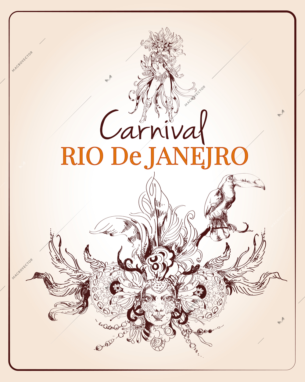 Traditional rio brazilian carnival celebration poster with young beautiful woman and decoration masque sketch vector illustration