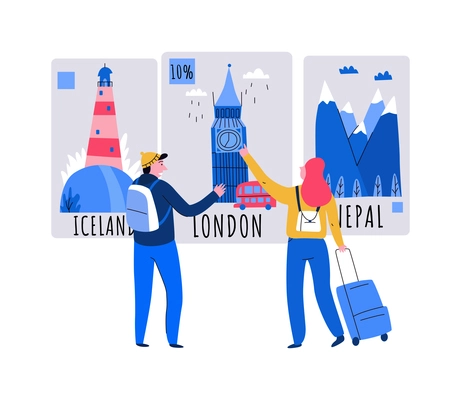 Tourism travel booking ticket composition with human characters of tourists looking at posters with famous landmarks vector illustration