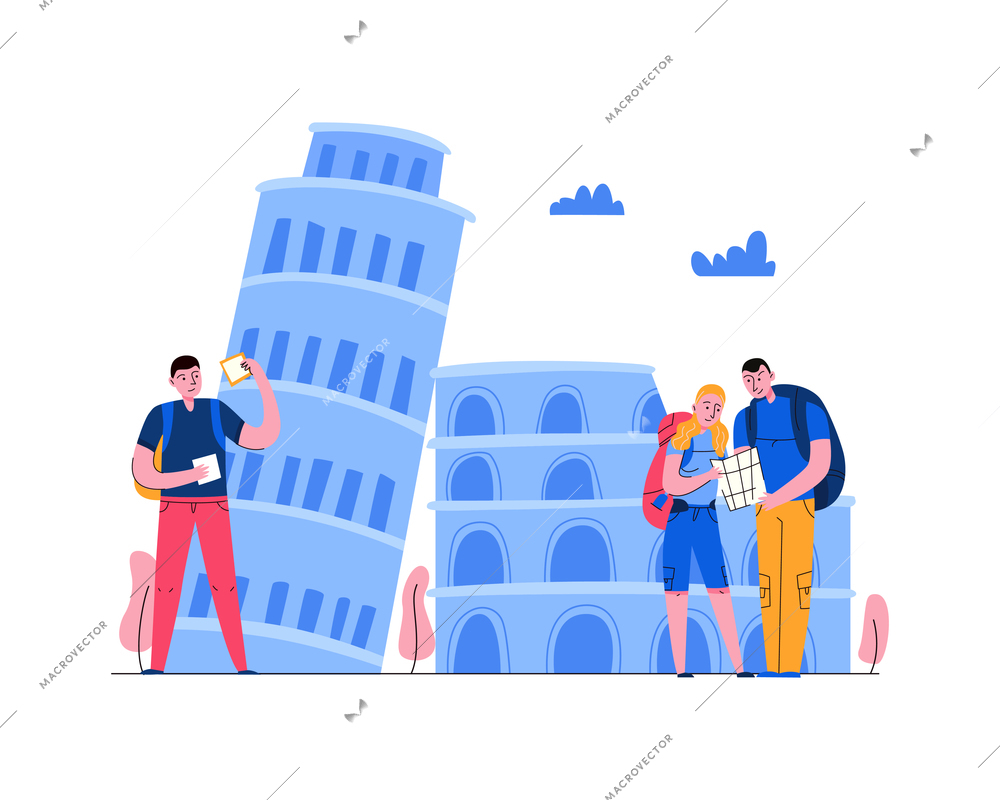 Tourism travel booking ticket composition with human characters of tourists and pisa tower with coliseum vector illustration