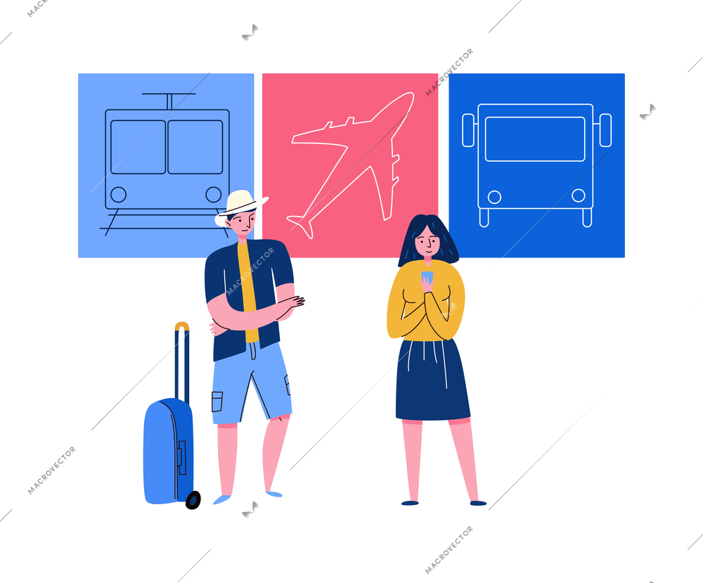 Tourism travel booking ticket composition with human characters of tourists with train aircraft and bus placards vector illustration