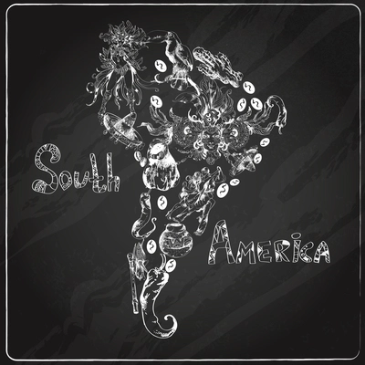 South america chalkboard  hand drawn concept with continent shape and travel symbols vector illustration