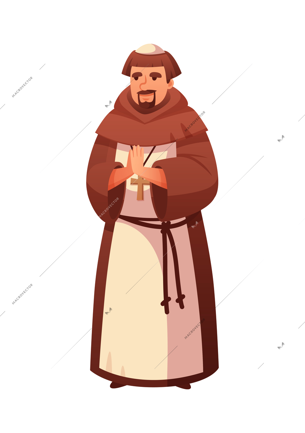 Medieval cartoon composition with isolated human character of priest wearing robe with christian cross vector illustration