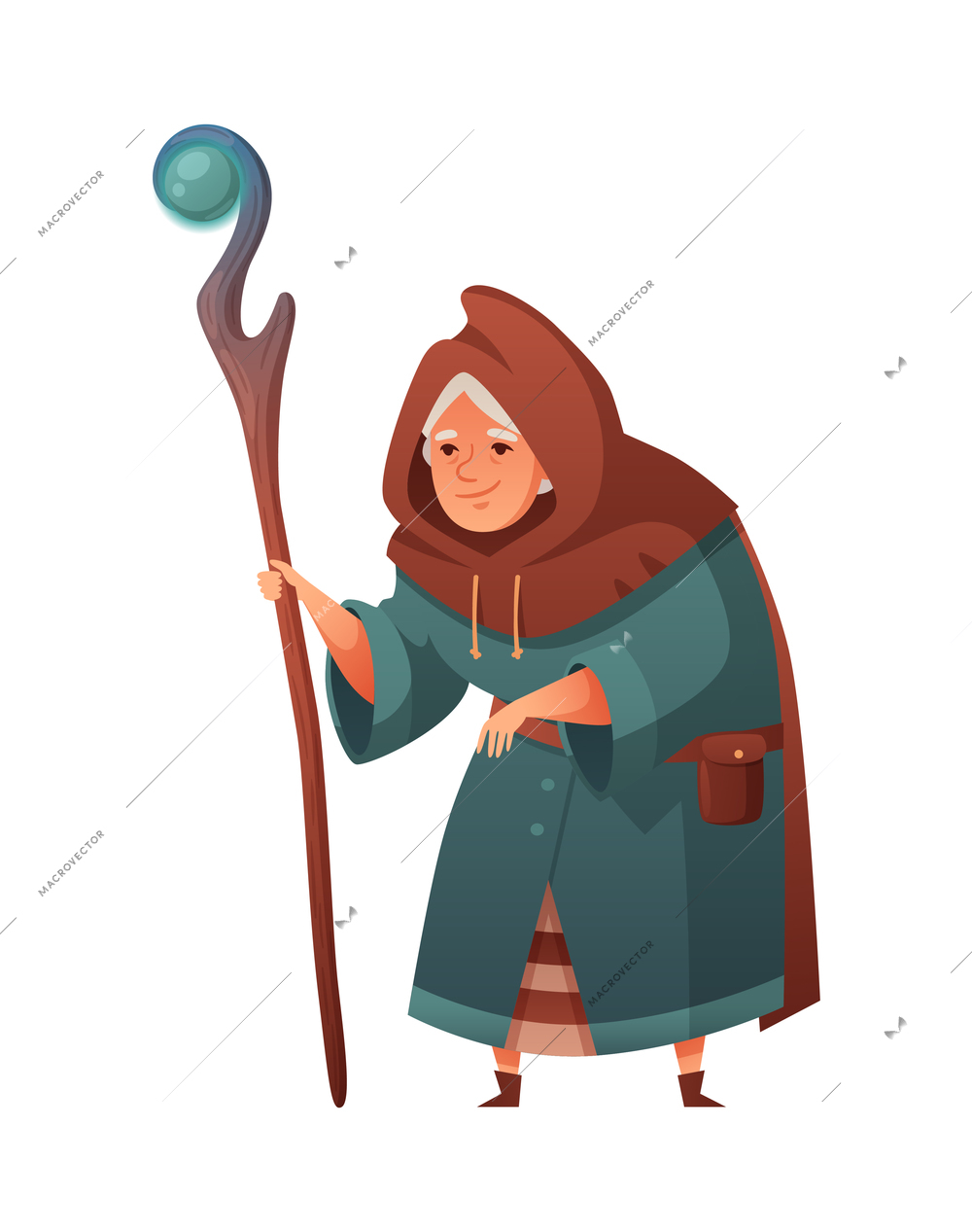 Medieval cartoon composition with isolated elderly character of female witch with crook on blank background vector illustration