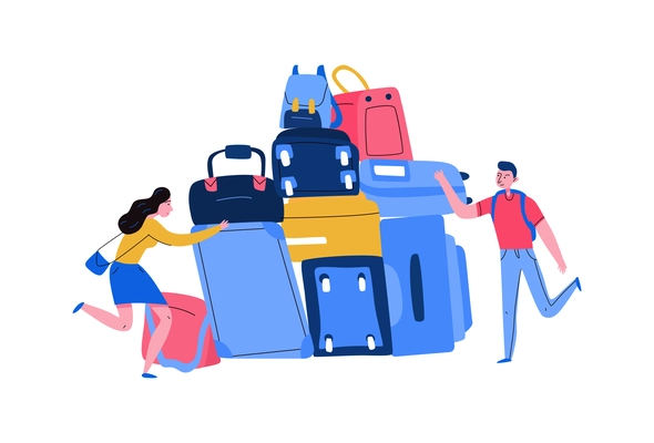 Tourism travel booking ticket composition with human characters of tourists and bunch of suitcases vector illustration