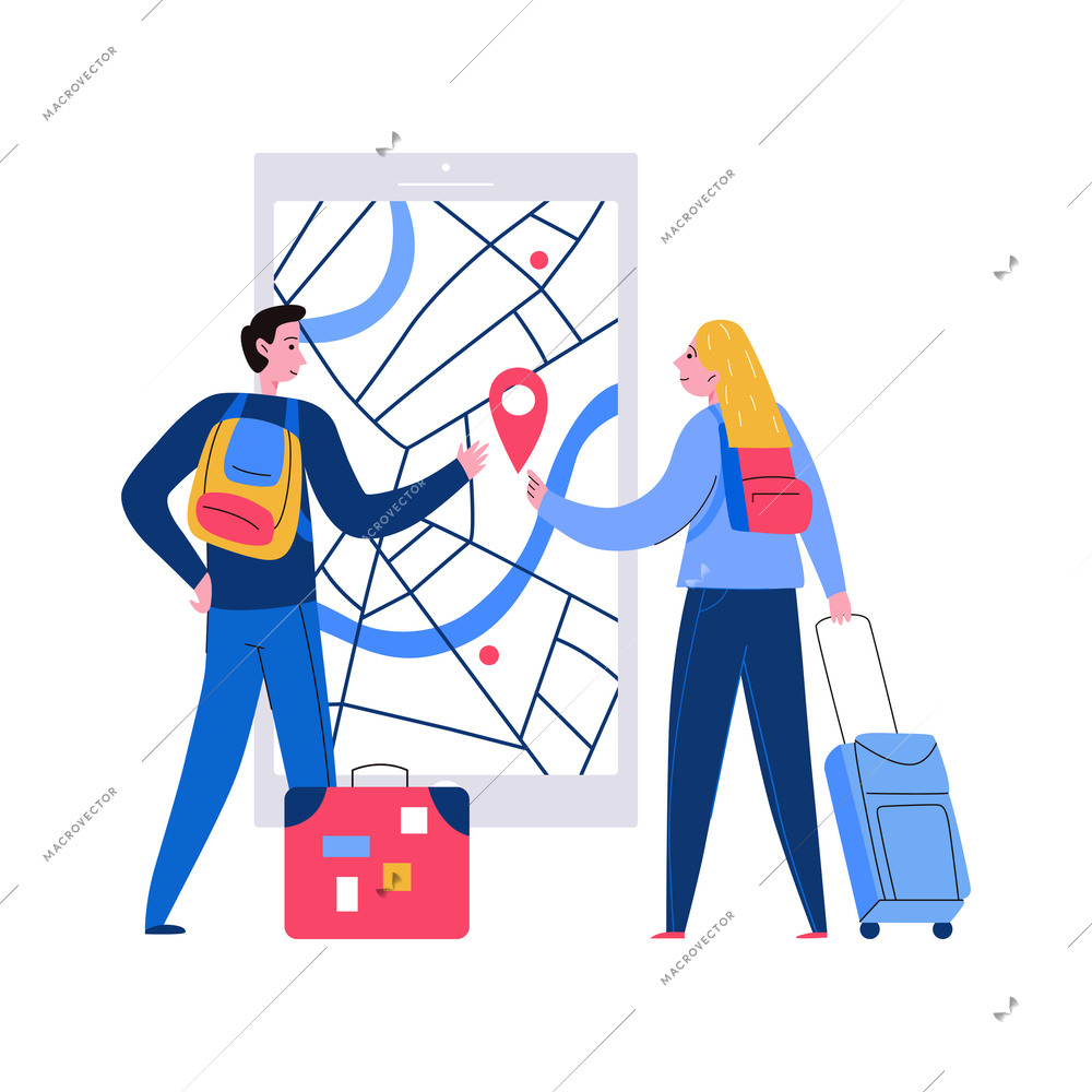 Tourism travel booking ticket composition with human characters of tourists looking at map checking locations vector illustration