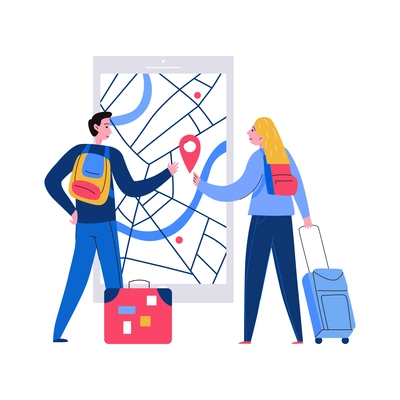 Tourism travel booking ticket composition with human characters of tourists looking at map checking locations vector illustration