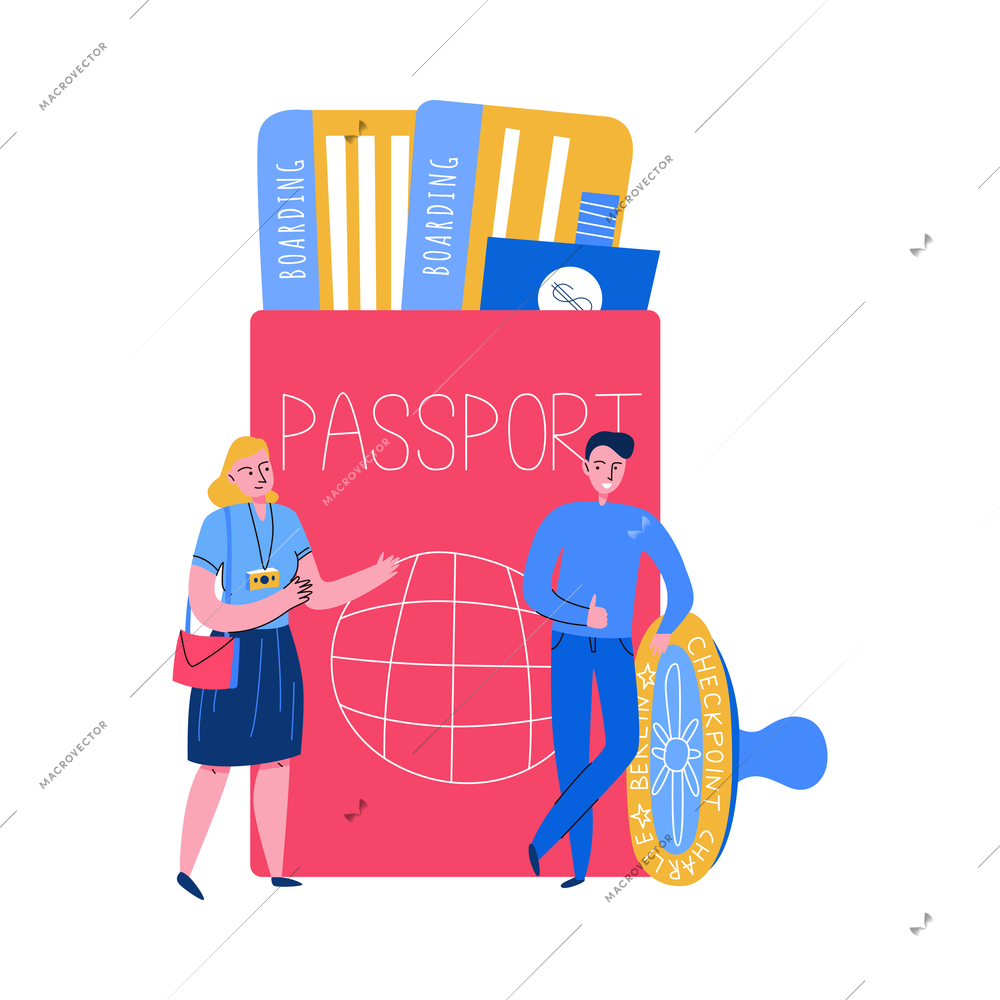 Tourism travel booking ticket composition with human characters of tourists with passport stamp and boarding passes vector illustration