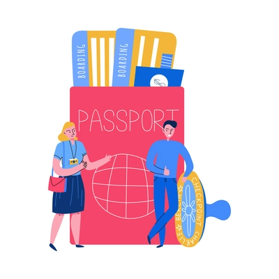 Tourism travel booking ticket composition with human characters of tourists with passport stamp and boarding passes vector illustration