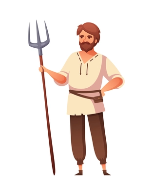 Medieval cartoon composition with isolated human character of male peasant holding pitchfork on blank background vector illustration