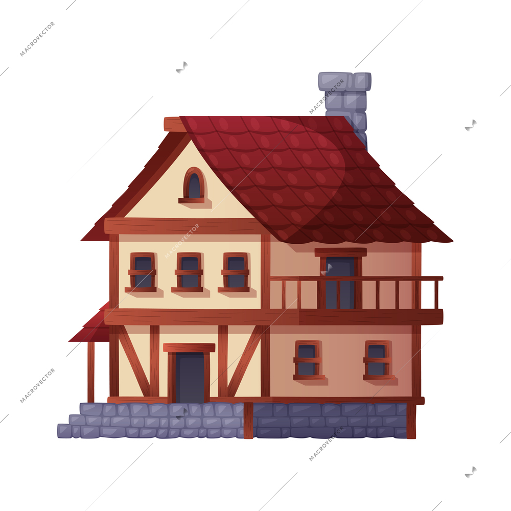 Medieval cartoon composition with isolated image of three storey house building with chimney on blank background vector illustration