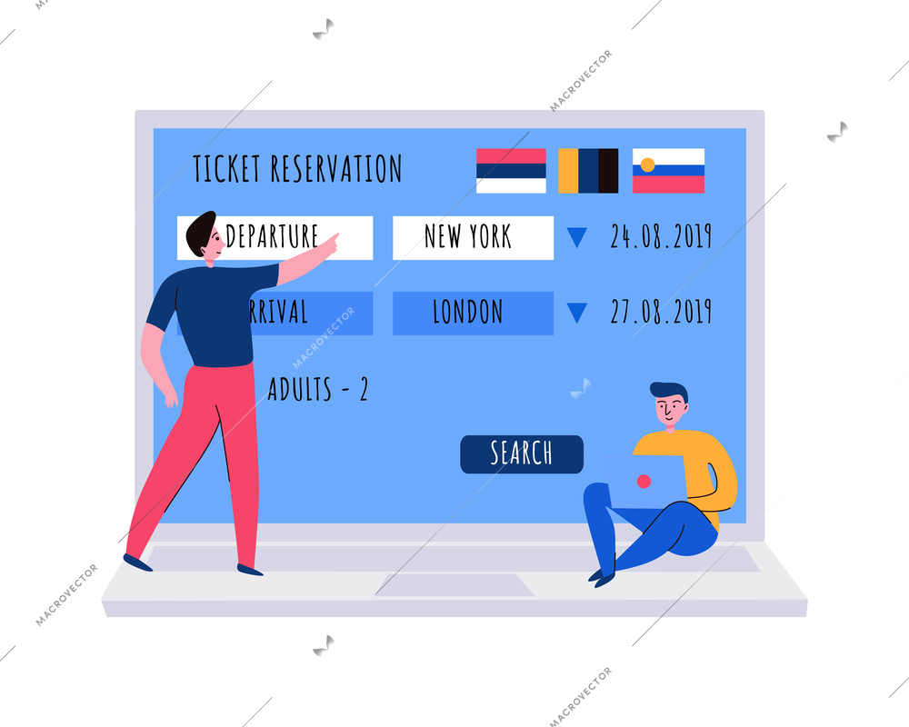 Tourism travel booking ticket composition with human characters of tourists and online ticket reservation service vector illustration