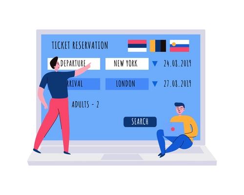 Tourism travel booking ticket composition with human characters of tourists and online ticket reservation service vector illustration