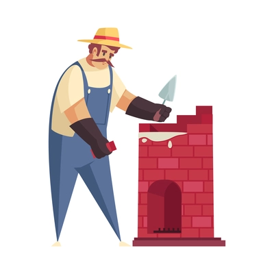 Craftsman composition with isolated male character of bricklayer builder making chimney fireplace from bricks vector illustration