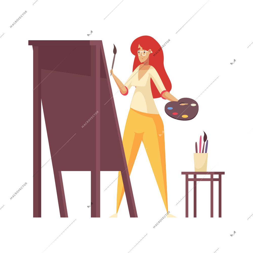 Craftsman composition with isolated female character of painter with palette and brushes drawing on easel vector illustration