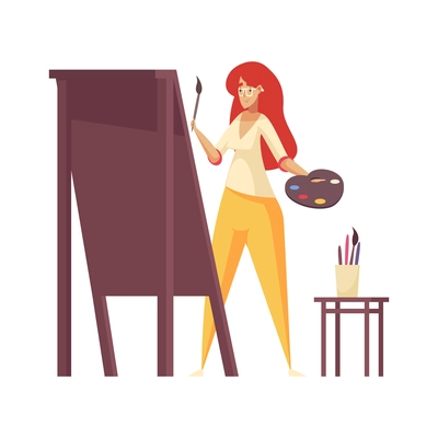 Craftsman composition with isolated female character of painter with palette and brushes drawing on easel vector illustration