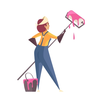 Craftsman composition with isolated female character of wall painter with long paint roller and bucket vector illustration